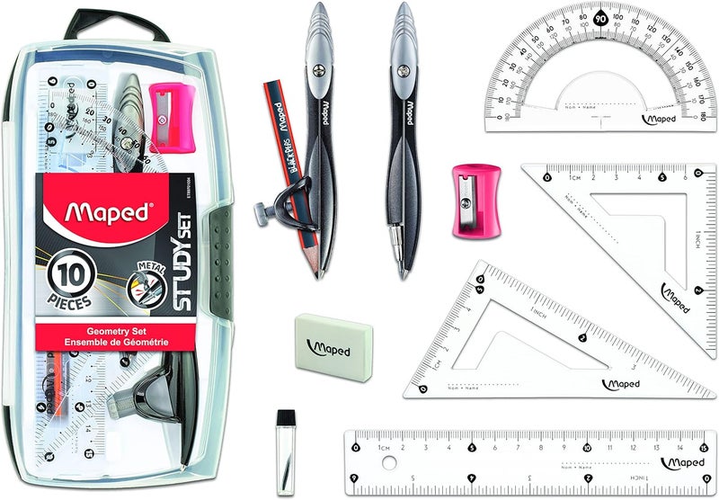 Helix Maped USA Study Geometry 10 Piece Set, Includes 2 Metal Study Compasses, 2 Triangles, 6" Ruler, 4" Protractor, Pencil for Compass, Pencil Sharpener, Eraser, Lead Refill (897010) - Image 1