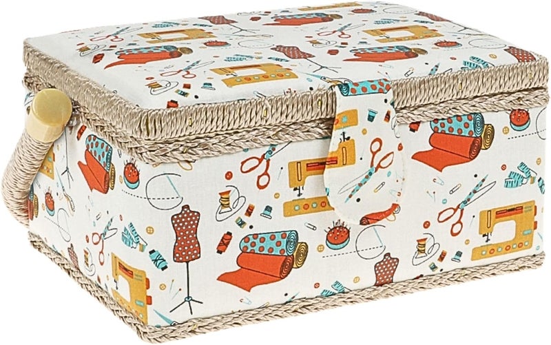 COMFECTO Sewing Basket Large Storage Organizer with Complete Sewing Kit Accessories, Wooden Sewing Box Kits with Removable Tray Tomato Pincushion for Mending, White - Image 1