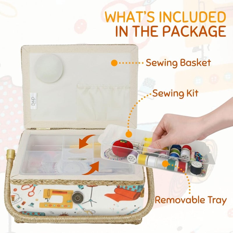 COMFECTO Sewing Basket Large Storage Organizer with Complete Sewing Kit Accessories, Wooden Sewing Box Kits with Removable Tray Tomato Pincushion for Mending, White - Image 3