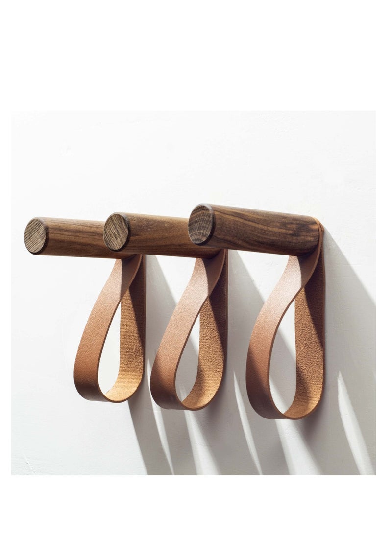 Zikra 3 Pack Wooden Coat Hooks, Black Walnut,Entryway Wall Hangers, Wall Pegs Wall Mounted Vintage Single Hangers with PU Leather Wall Straps for Hanging Coats Hats Bags Towels(16cm*8.6cm *3cm) - Image 1