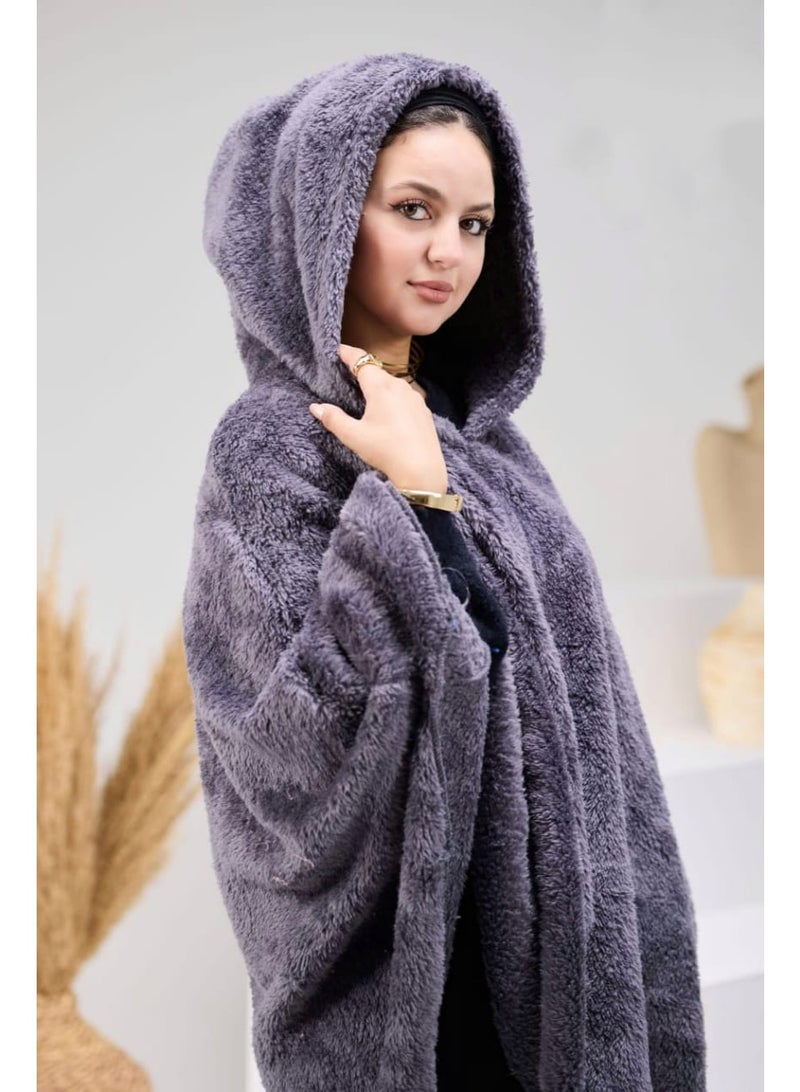 Soft winter fur blanket with hood– Cozy & Stylish Design - Dark Grey - Image 1