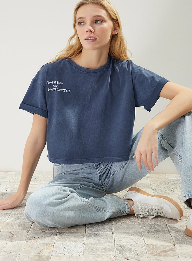 trendyol Indigo 100% Cotton Faded Effect Printed Crop Crew Neck Knitted T-Shirt TWOSS23TS00117 - Image 1