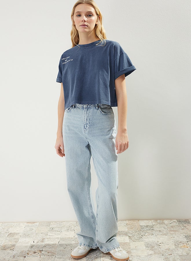 trendyol Indigo 100% Cotton Faded Effect Printed Crop Crew Neck Knitted T-Shirt TWOSS23TS00117 - Image 2