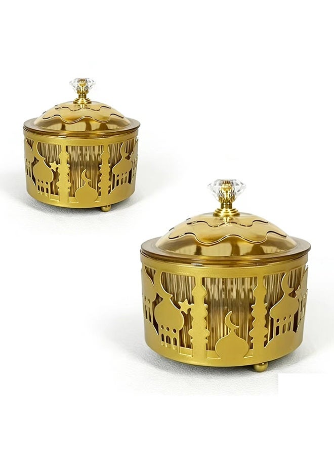 JCB CHIC 2 قطعة صينية تقديم وجبات خفيفة رمضان مع غطاء ، رمضان عيد مبارك معدن حلوى تقديم جرة الذهب مجوفة صندوق المجوهرات زخرفة صندوق الوجبات الخفيفة المكسرات المسلم رمضان مبارك حفلة اللوازم - Image 1