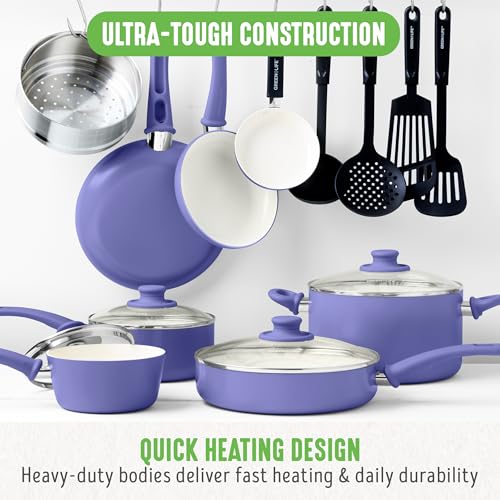 GreenLife 16 Piece Nonstick Cookware Set, Soft Grip Non-Toxic PFAS-Free Ceramic Pots & Pans, Dishwasher & Oven Safe, Frying, Sauce, Utensils, Glass Lids, Stay-Cool Handles, Wobble Free, Periwinkle - Image 2