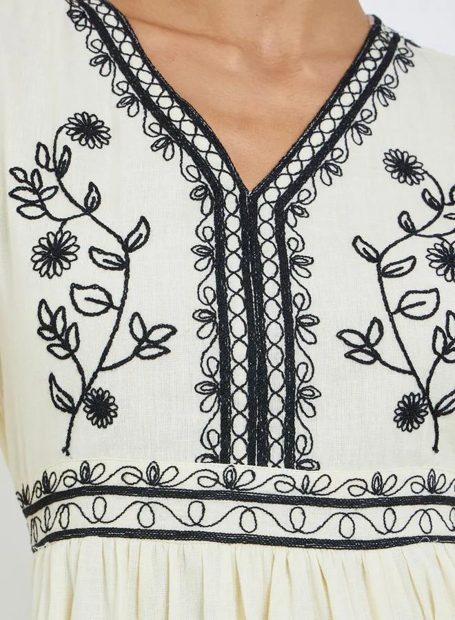 Styli Women Cream Embroidered A-Line Maxi Dress