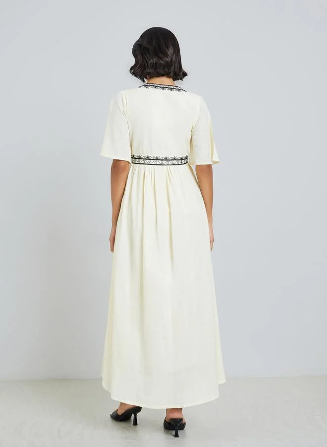 Styli Women Cream Embroidered A-Line Maxi Dress