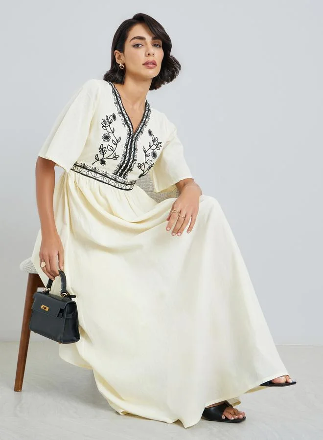 Styli Women Cream Embroidered A-Line Maxi Dress