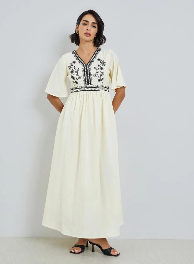 Styli Women Cream Embroidered A-Line Maxi Dress