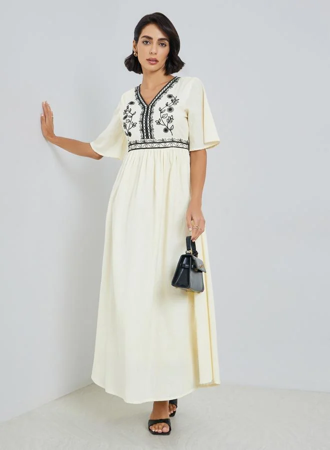 Styli Women Cream Embroidered A-Line Maxi Dress