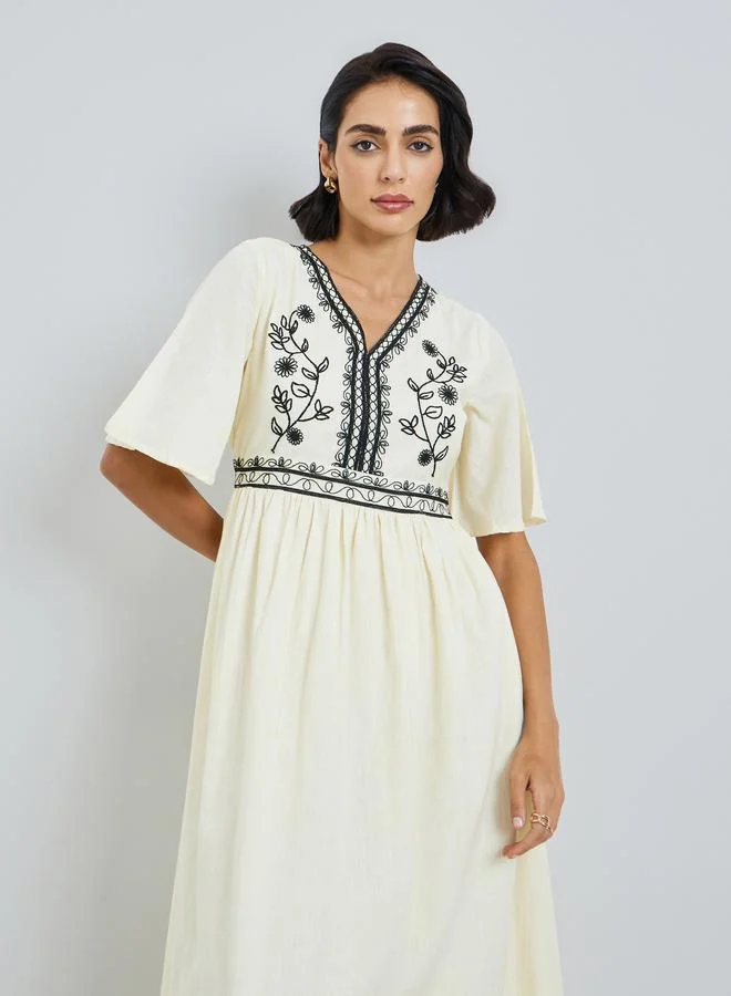 Styli Women Cream Embroidered A-Line Maxi Dress