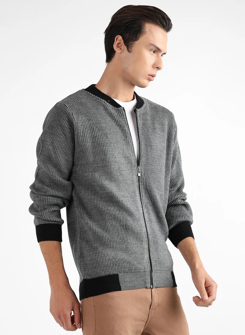 Campus Sutra Men's Dark Grey Zip-Front Sweater With Contrast Hem
