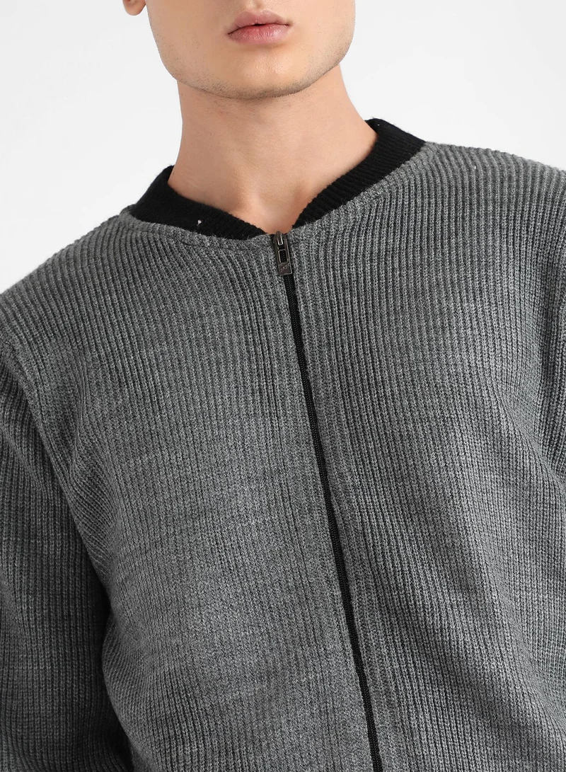 Campus Sutra Men's Dark Grey Zip-Front Sweater With Contrast Hem