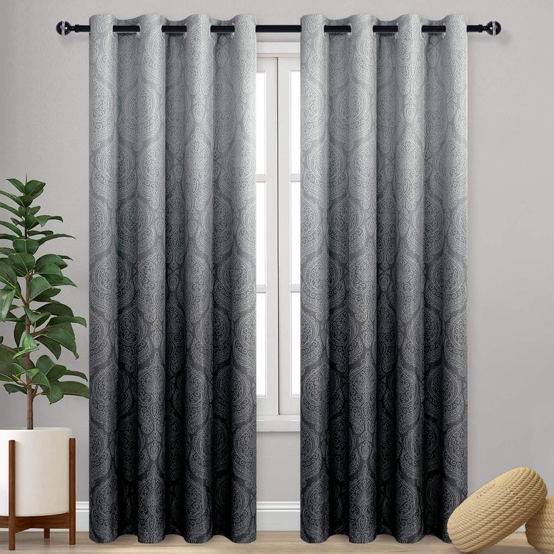 DWCN Ombre Blackout Curtains for Bedroom  Damask Patterned Thermal Insulated Energy Saving Grommet Curtains for Living Room Set of 2 Gradient Window Curtain Panels 52 x 96 Inches Long Black