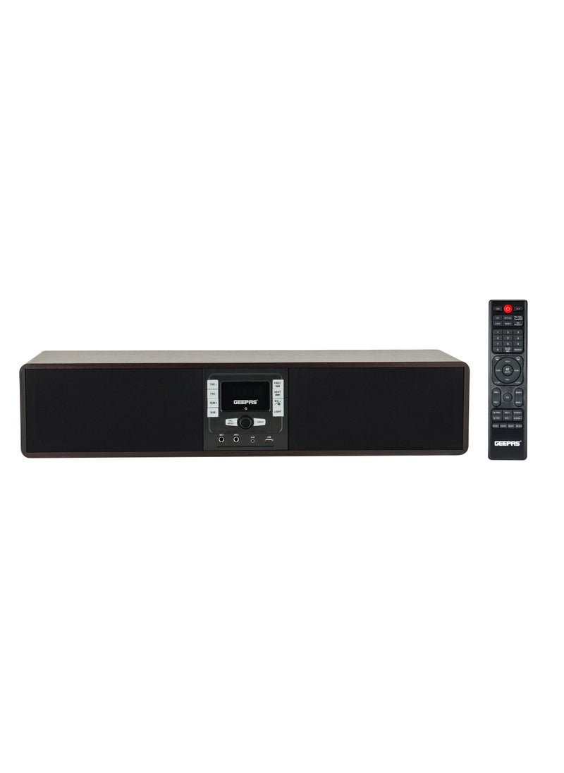 GEEPAS Wireless Sound Bar Speaker 200W Bluetooth, AUX IN, USB, Dual MIC Input and FM Radio, with Remote Control and LED Display | TV Shows Movies, Music| 2 Years Warranty GSRB150WD Black/Wooden Finish  - Image 1