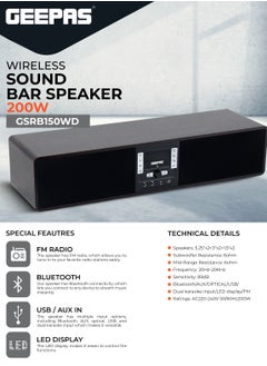 GEEPAS Wireless Sound Bar Speaker 200W Bluetooth, AUX IN, USB, Dual MIC Input and FM Radio, with Remote Control and LED Display | TV Shows Movies, Music| 2 Years Warranty GSRB150WD Black/Wooden Finish  - Image 2