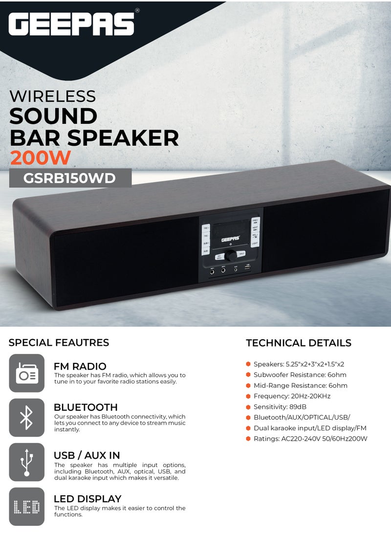 GEEPAS Wireless Sound Bar Speaker 200W Bluetooth, AUX IN, USB, Dual MIC Input and FM Radio, with Remote Control and LED Display | TV Shows Movies, Music| 2 Years Warranty GSRB150WD Black/Wooden Finish  - Image 2