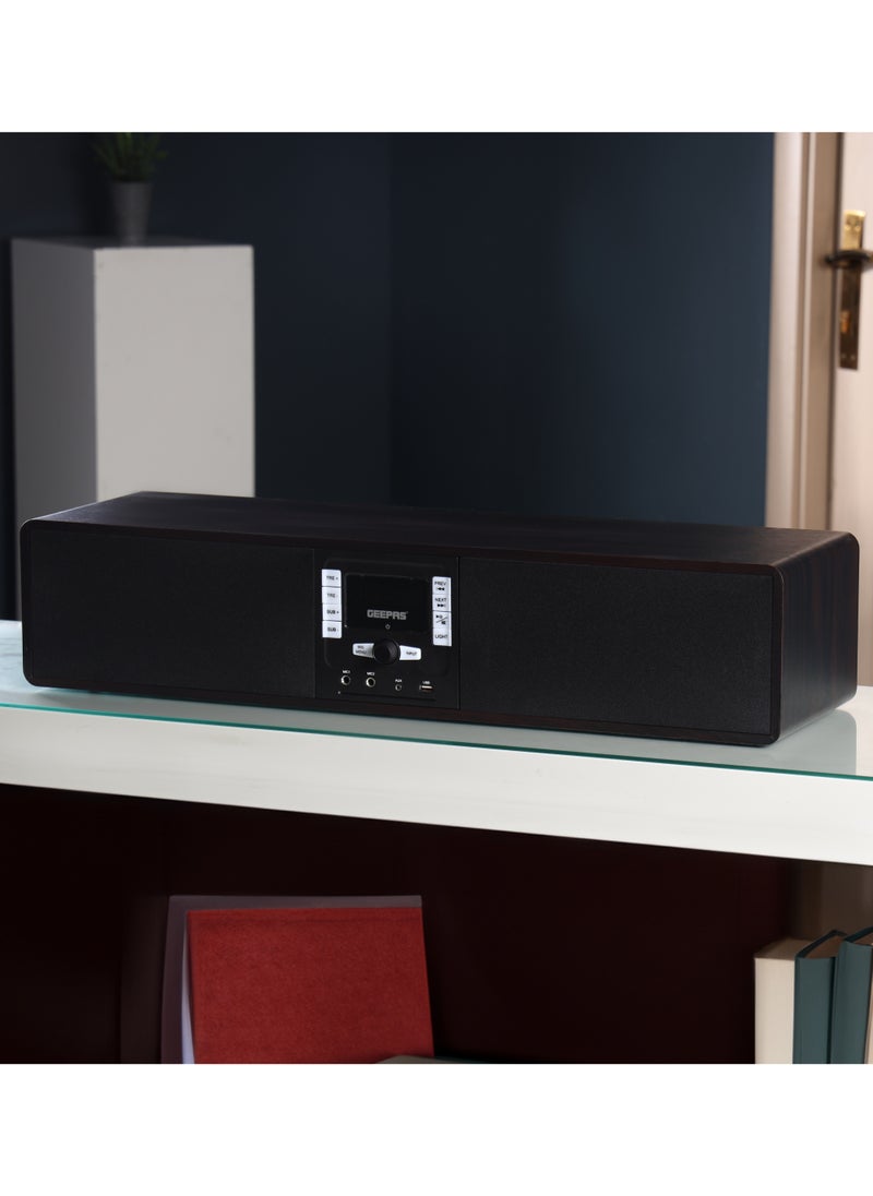 GEEPAS Wireless Sound Bar Speaker 200W Bluetooth, AUX IN, USB, Dual MIC Input and FM Radio, with Remote Control and LED Display | TV Shows Movies, Music| 2 Years Warranty GSRB150WD Black/Wooden Finish  - Image 5