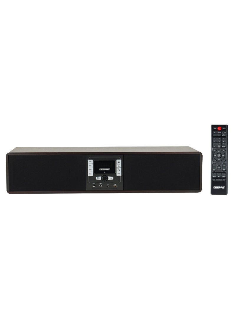 GEEPAS Wireless Sound Bar Speaker 200W Bluetooth, AUX IN, USB, Dual MIC Input and FM Radio, with Remote Control and LED Display | TV Shows Movies, Music| 2 Years Warranty GSRB150WD Black/Wooden Finish - Image 1