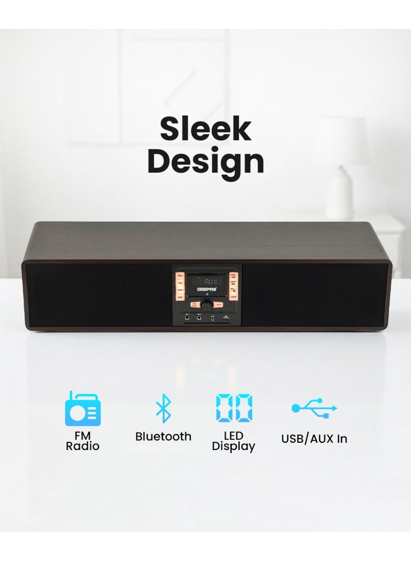 GEEPAS Wireless Sound Bar Speaker 200W Bluetooth, AUX IN, USB, Dual MIC Input and FM Radio, with Remote Control and LED Display | TV Shows Movies, Music| 2 Years Warranty GSRB150WD Black/Wooden Finish - Image 3