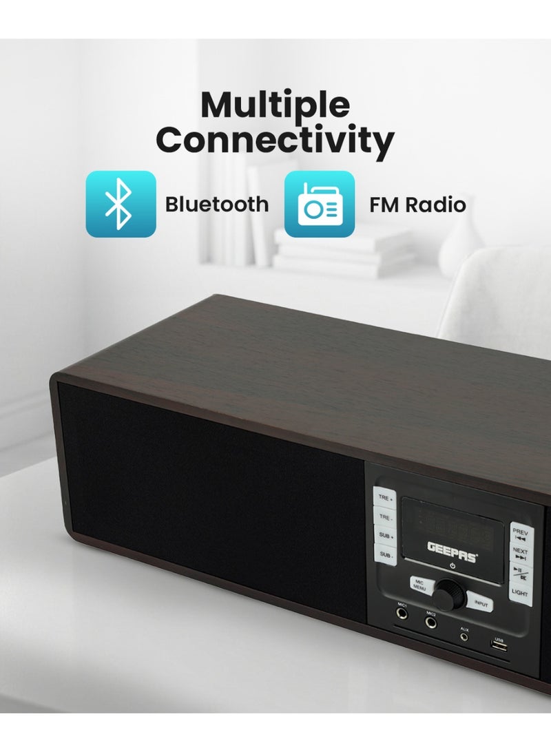 GEEPAS Wireless Sound Bar Speaker 200W Bluetooth, AUX IN, USB, Dual MIC Input and FM Radio, with Remote Control and LED Display | TV Shows Movies, Music| 2 Years Warranty GSRB150WD Black/Wooden Finish - Image 4