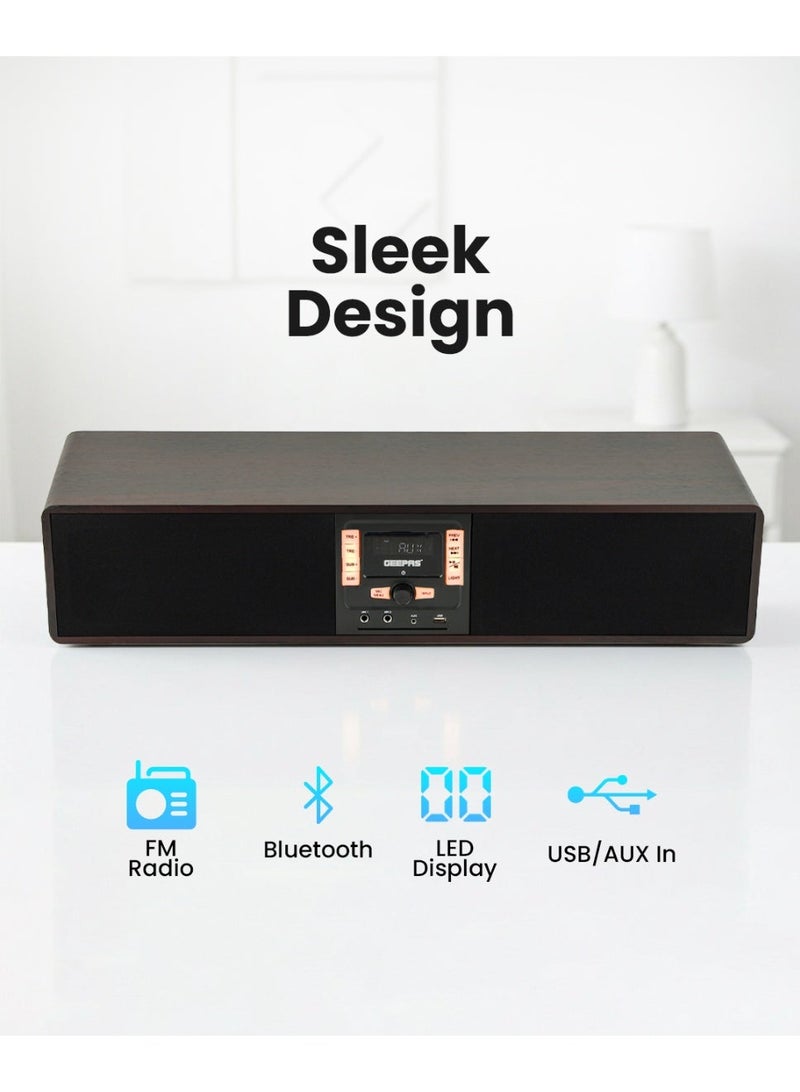GEEPAS مكبر صوت لاسلكي بقدرة 200 وات، بلوتوث، مدخل AUX، USB، مدخل ميكروفون مزدوج وراديو FM، مع جهاز تحكم عن بعد وشاشة LED | برامج تلفزيونية أفلام، موسيقى| ضمان لمدة عامين GSRB150WD لمسة نهائية باللون الأسود/الخشبي - Image 2