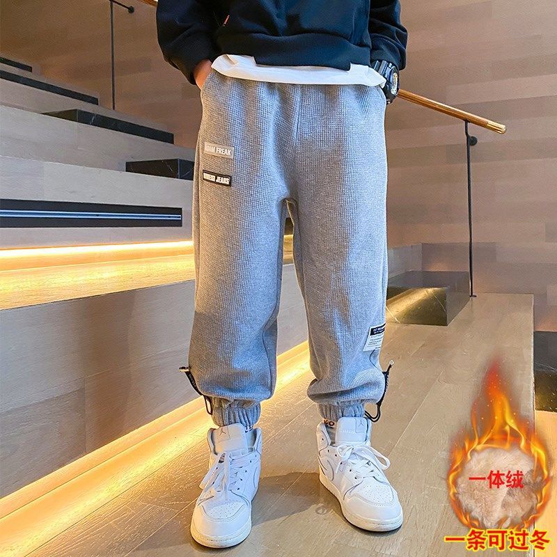 Boys' Pants Fleece-Lined Thickened Winter One-Piece Velvet Sweatpants Lambswool Children'S Wear Sports Pants Baby Boys' - Image 1