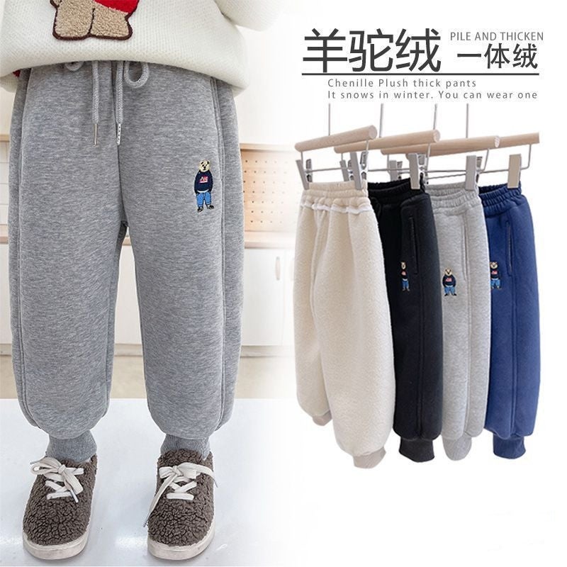 Boys' Pants Fleece-Lined Thickened Winter One-Piece Velvet Sweatpants Lambswool Children'S Wear Sports Pants Baby Boys' - Image 4