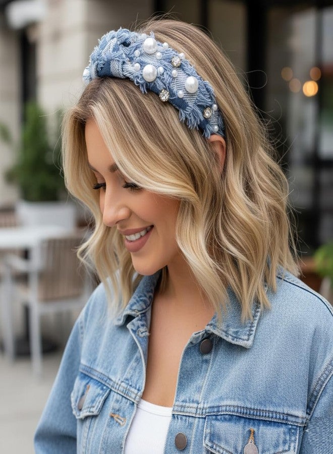 هواتشي أطواق شعر هواتشي للنساء، أطواق شعر عصرية من الدنيم غير قابلة للانزلاق، طوق شعر مزين باللؤلؤ لطيف للفتيات، إكسسوارات أزياء كلاسيكية - Image 4