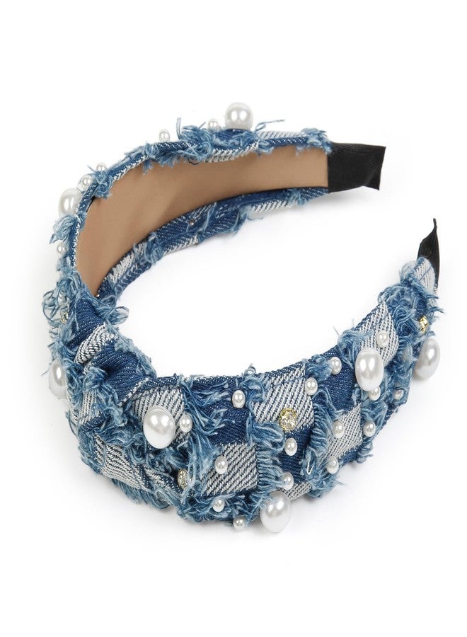 هواتشي أطواق شعر هواتشي للنساء، أطواق شعر عصرية من الدنيم غير قابلة للانزلاق، طوق شعر مزين باللؤلؤ لطيف للفتيات، إكسسوارات أزياء كلاسيكية - Image 3