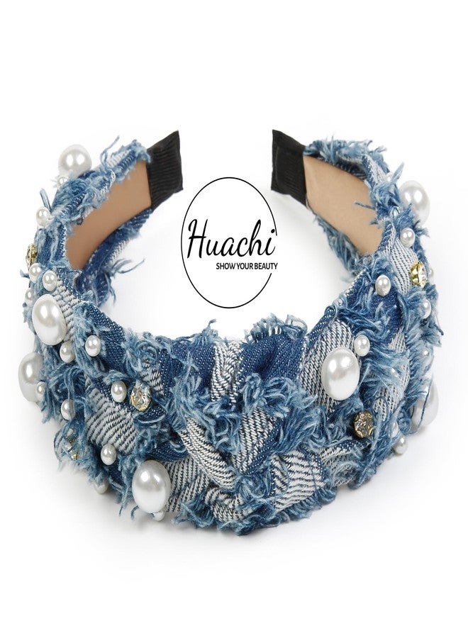 هواتشي أطواق شعر هواتشي للنساء، أطواق شعر عصرية من الدنيم غير قابلة للانزلاق، طوق شعر مزين باللؤلؤ لطيف للفتيات، إكسسوارات أزياء كلاسيكية - Image 2