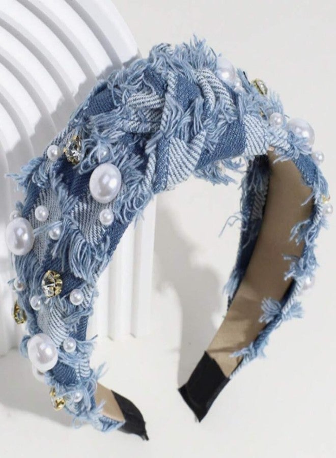 هواتشي أطواق شعر هواتشي للنساء، أطواق شعر عصرية من الدنيم غير قابلة للانزلاق، طوق شعر مزين باللؤلؤ لطيف للفتيات، إكسسوارات أزياء كلاسيكية - Image 1