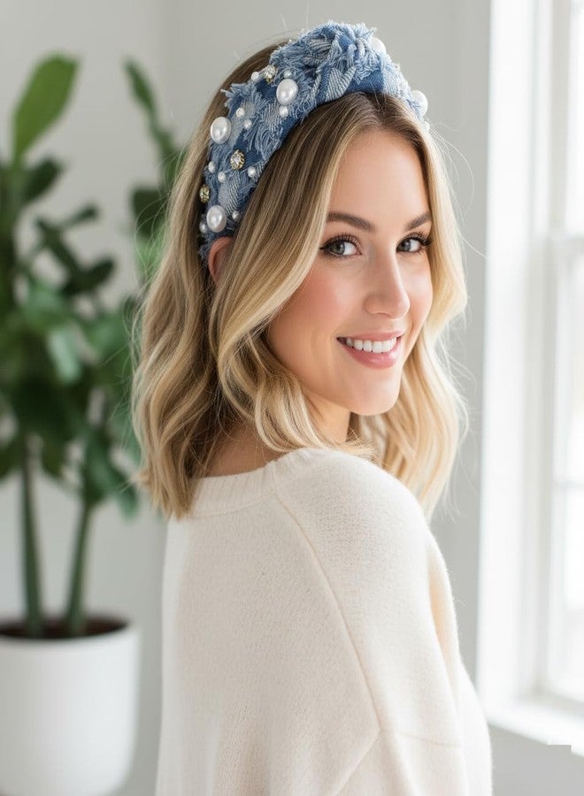 هواتشي أطواق شعر هواتشي للنساء، أطواق شعر عصرية من الدنيم غير قابلة للانزلاق، طوق شعر مزين باللؤلؤ لطيف للفتيات، إكسسوارات أزياء كلاسيكية - Image 5