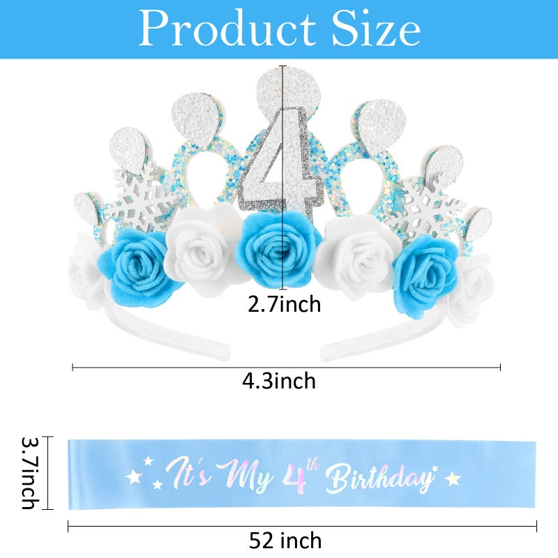 CUBACO 4th Birthday Crown Headband and Sash, 4 Year Old Girl Birthday Gifts for Blue Princess Crown, Frozen Party Decorations Favors for Girls Outfit - Image 5