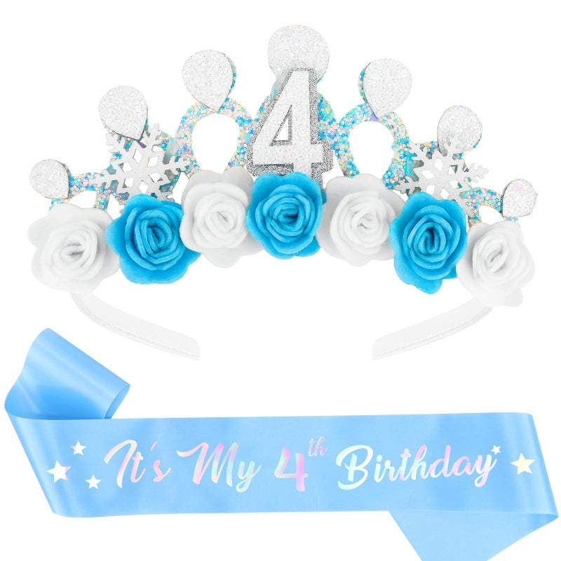 CUBACO 4th Birthday Crown Headband and Sash, 4 Year Old Girl Birthday Gifts for Blue Princess Crown, Frozen Party Decorations Favors for Girls Outfit - Image 1