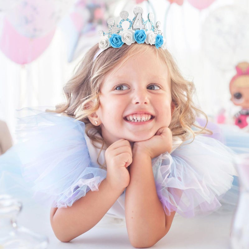 CUBACO 4th Birthday Crown Headband and Sash, 4 Year Old Girl Birthday Gifts for Blue Princess Crown, Frozen Party Decorations Favors for Girls Outfit - Image 2