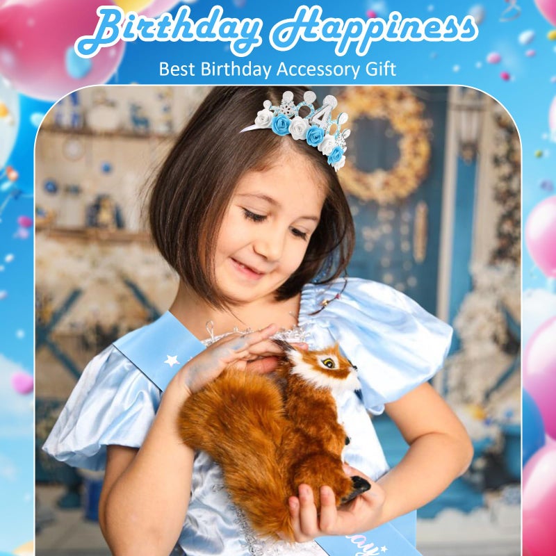 CUBACO 4th Birthday Crown Headband and Sash, 4 Year Old Girl Birthday Gifts for Blue Princess Crown, Frozen Party Decorations Favors for Girls Outfit - Image 3