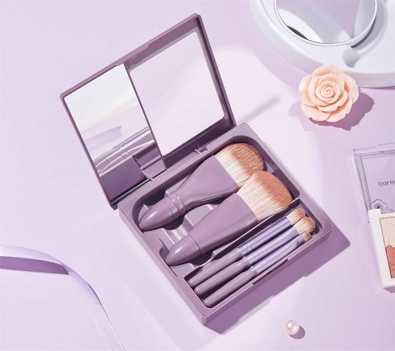 Makeup Brush Set, Protable Travel Cosmetic Brushes Kit with Case & Mirror, Complete Function, Easy to Carry, 5pcs - Image 2