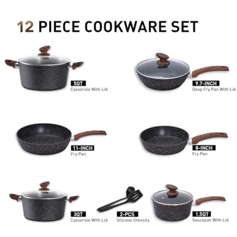 Kitchen Academy 12 Pieces Nonstick Pots and Pans Set, Induction Cooking Pan Set, Non Stick Saucepan Set, Frying Pan Set Black - Image 2