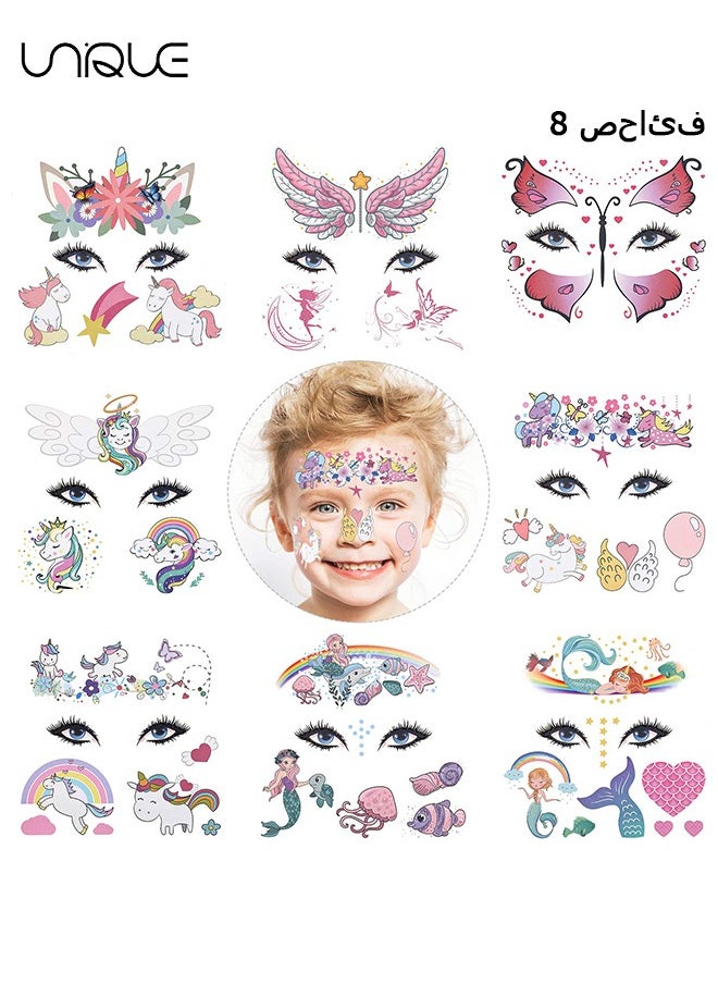 Unique 8 Sheets Animal Temporary Face Paint Tattoos, Unicorn Mermaid Kit, Birthday Party Favors, Waterproof Supplies, Festival Makeup Skin Decor for Girl Boy  - Image 1