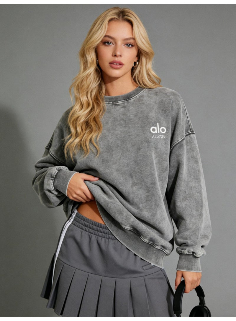 Acid Wash Grey Oversized Sweatshirt - Vintage Style, Loose Fit & Minimalist Logo for Retro Streetwear & Casual Comfort - Image 1