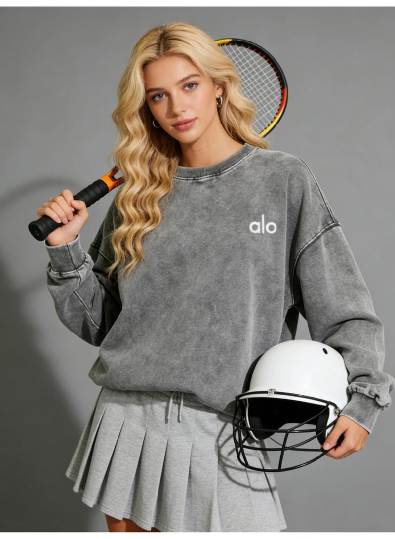 Acid Wash Grey Oversized Sweatshirt - Vintage Style, Loose Fit & Minimalist Logo for Retro Streetwear & Casual Comfort - Image 2