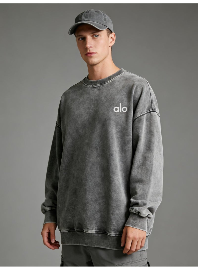 Acid Wash Grey Oversized Sweatshirt - Vintage Style, Loose Fit & Minimalist Logo for Retro Streetwear & Casual Comfort - Image 5