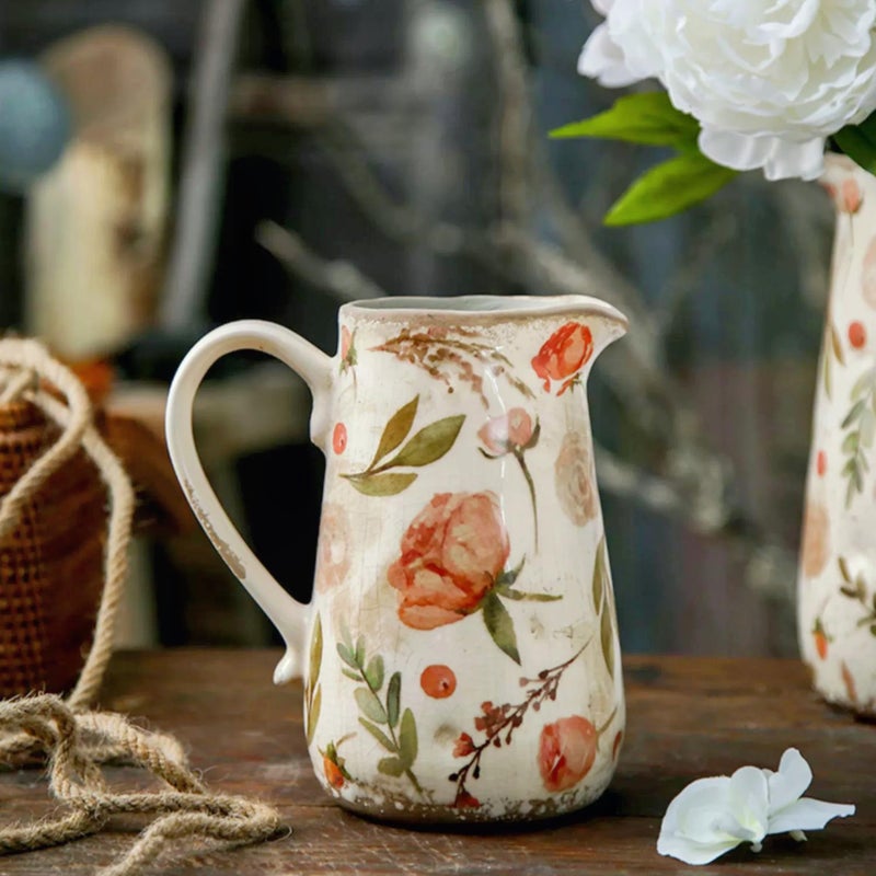 Retro Rustic Large Ceramic Vase with Handle Distressed Farmhouse Pitcher for Home Ideal Shelf Decor Floral Vase for Living Room Bedroom Office Table Centerpiece Decorations 9 Inch