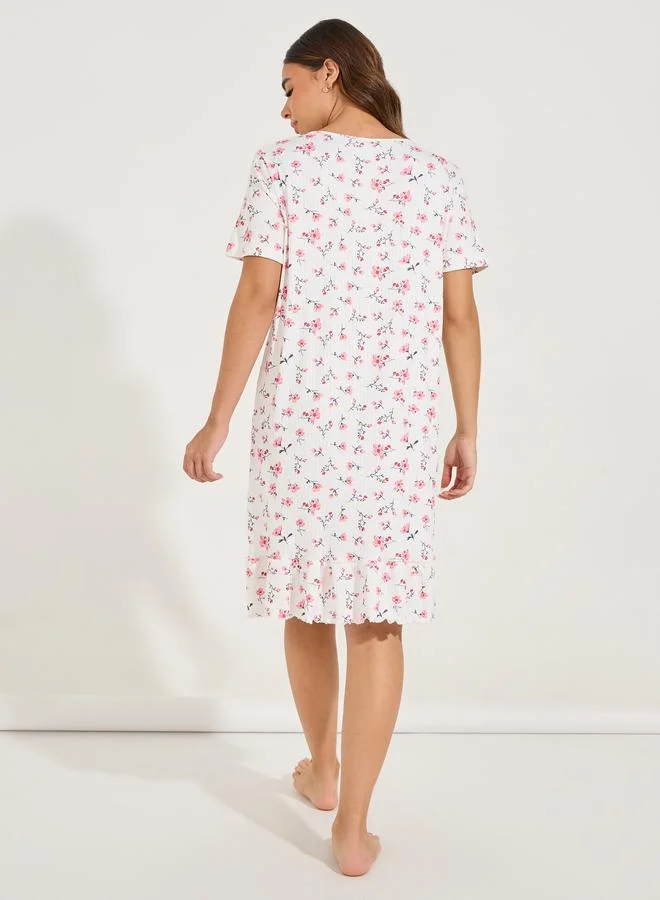 Styli Styli Floral Print Notch Neck Ruffled Hem Knee Length Night Dress
