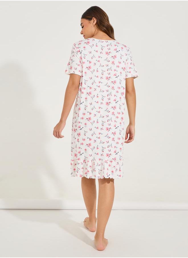 Styli Floral Print Notch Neck Ruffled Hem Knee Length Night Dress  - Image 4