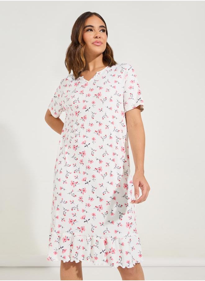 Styli Floral Print Notch Neck Ruffled Hem Knee Length Night Dress  - Image 2