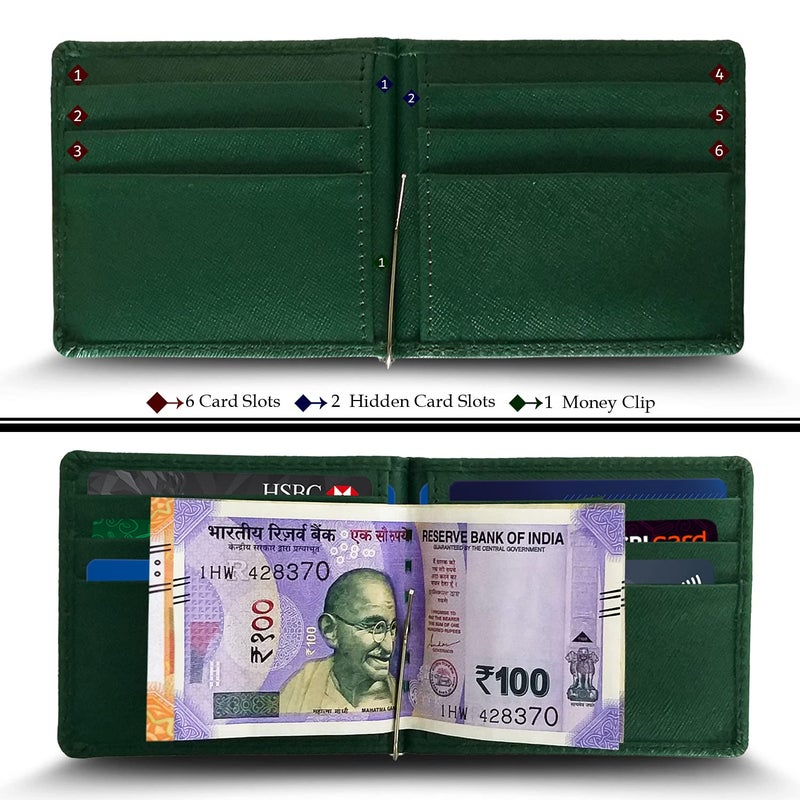 MANDAVA Genuine Safiano Leather Money Clip Wallet Cum Credit Card Holder (Green) - Image 2
