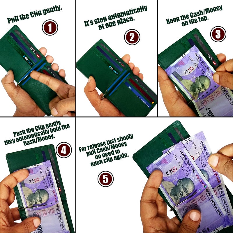 MANDAVA Genuine Safiano Leather Money Clip Wallet Cum Credit Card Holder (Green) - Image 4
