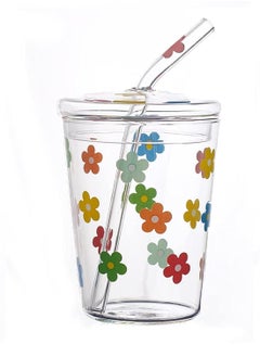 Peachjoy Glass Water Cup, Milk Cup with Straw and Lids, Reusable Double-Wall Coffee Cup, Heat Resisting Cute Clear Milkshake Cup, for Juice Milk Hot Cold Water, Tea, Matcha, 300ml Travel Cup (Colorful Stars)  - Image 1